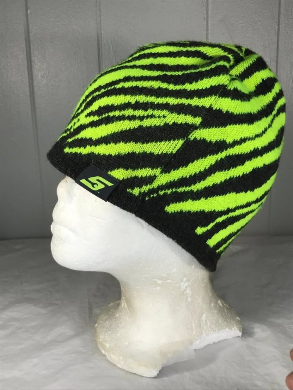 Y2K Snap on tools Neon Zebra Stripes skull cap beanie hat